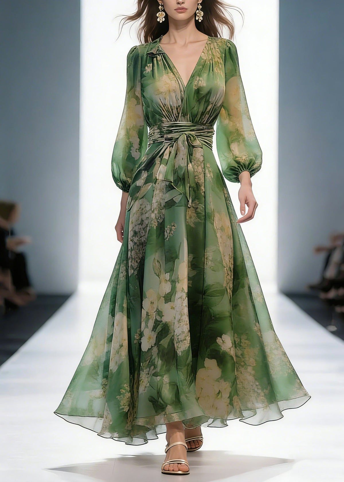 French Green V Neck Print High Waist Chiffon Dresses Long Sleeve - View 5