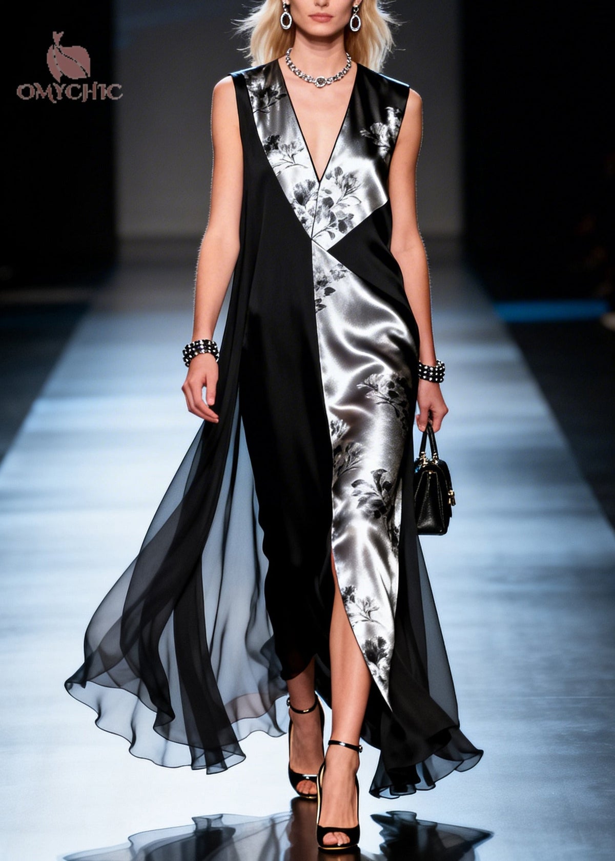 Metallic Floral Panel Deep V-Neck Sleeveless High Split Cape Maxi Gown - View 3