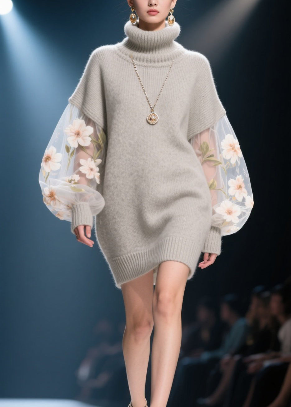Knit Turtleneck Sheer Embroidered Floral Mini Sweater Dress