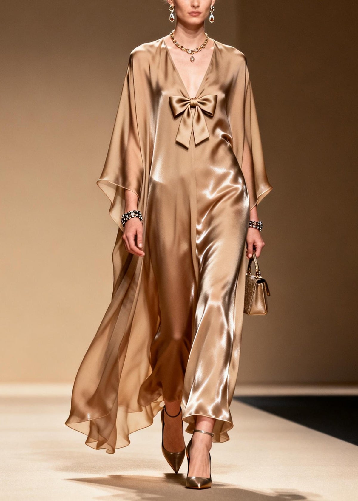 French Khaki V Neck Bow Chiffon Maxi Dress Summer