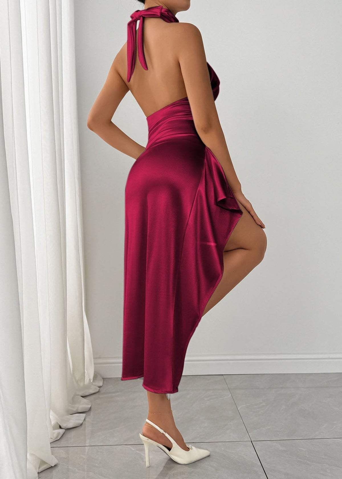 Satin Halter High Neck Ruched Waist High Split Bodycon Maxi Gown - View 5