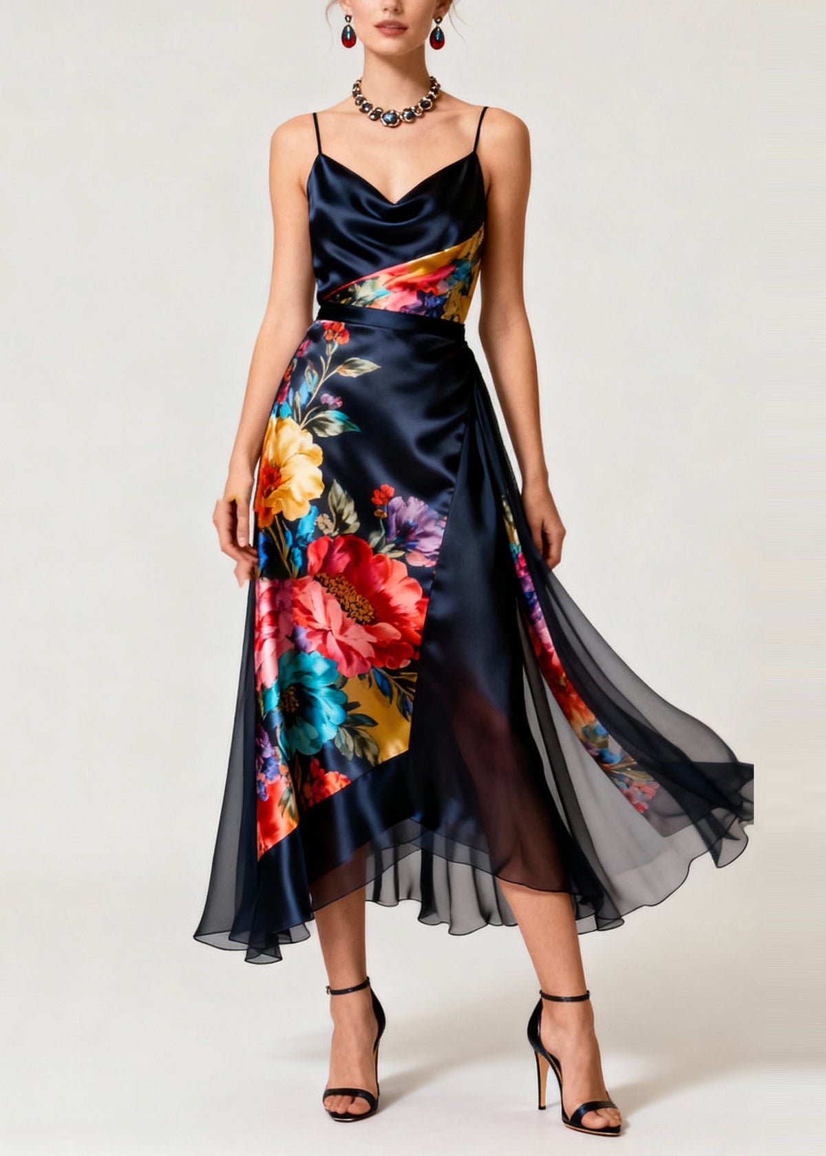 Floral Print Satin Cowl Neck Spaghetti Strap Midi Dress - View 3