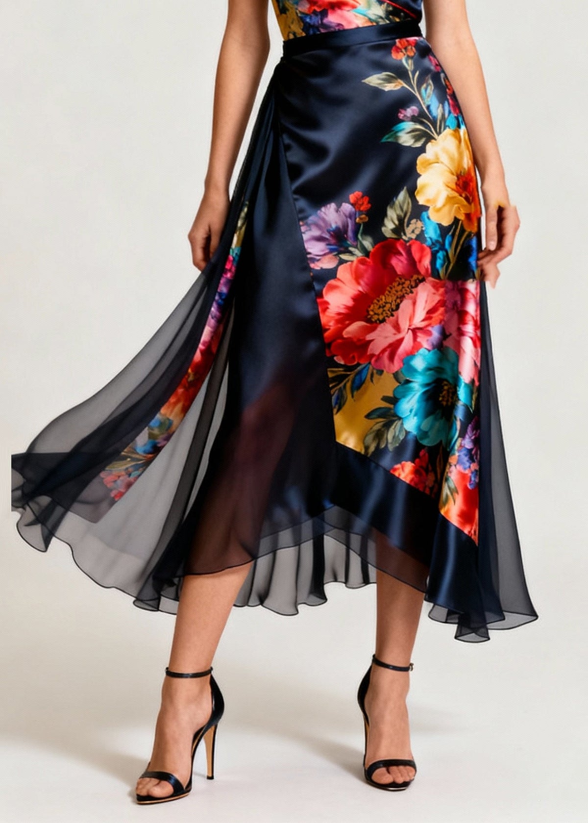 Floral Print Satin Cowl Neck Spaghetti Strap Midi Dress - View 4