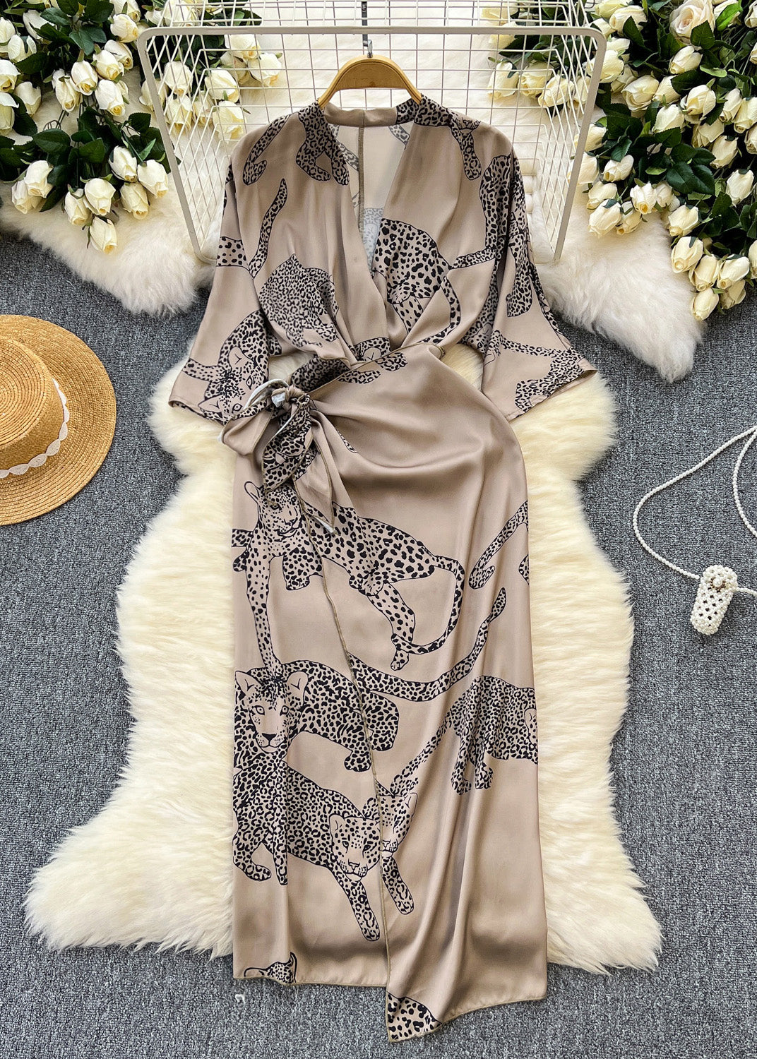 Animal Print Wrap Deep V-Neck Three Quarter Sleeve Midi Dress