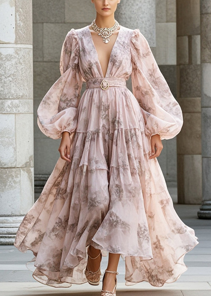 Floral Print Deep V-Neck Puff Sleeve Belted Tiered Maxi Dress