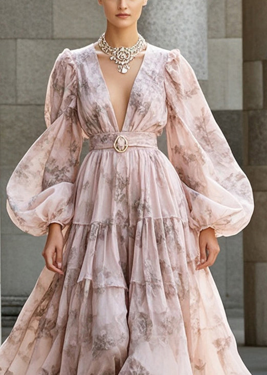 Floral Print Deep V-Neck Puff Sleeve Belted Tiered Maxi Dress - View 2