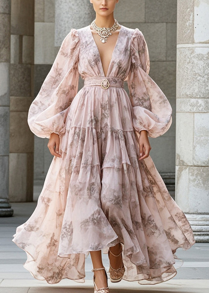 Floral Print Deep V-Neck Puff Sleeve Belted Tiered Maxi Dress - View 3