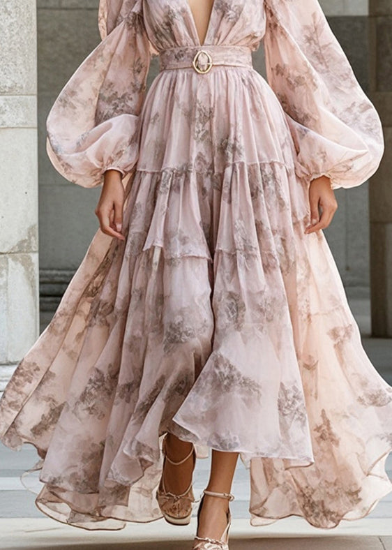 Floral Print Deep V-Neck Puff Sleeve Belted Tiered Maxi Dress - View 4