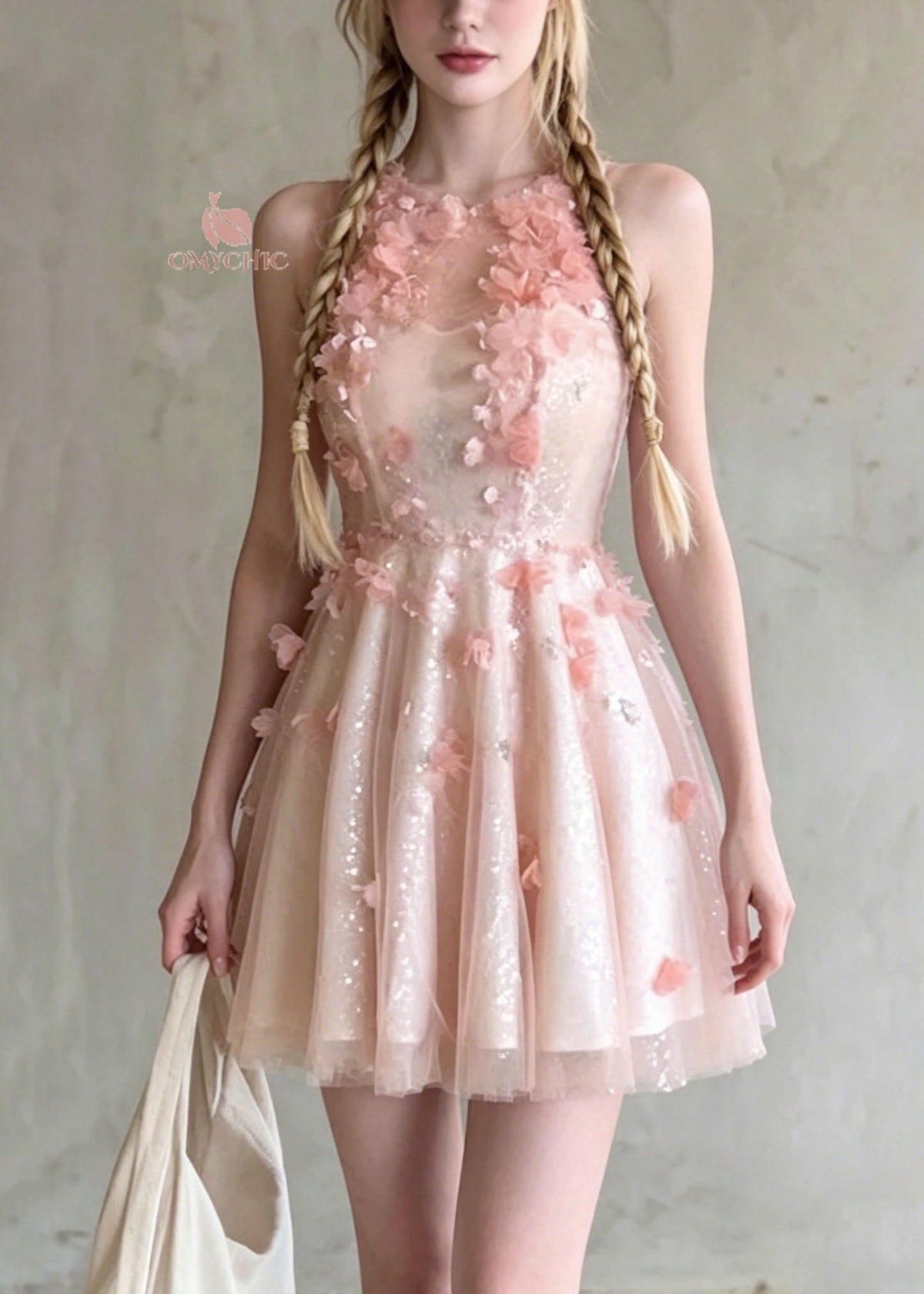 Sequin Mesh High Neck 3D Floral Appliqué Tiered Tulle Mini Party Dress