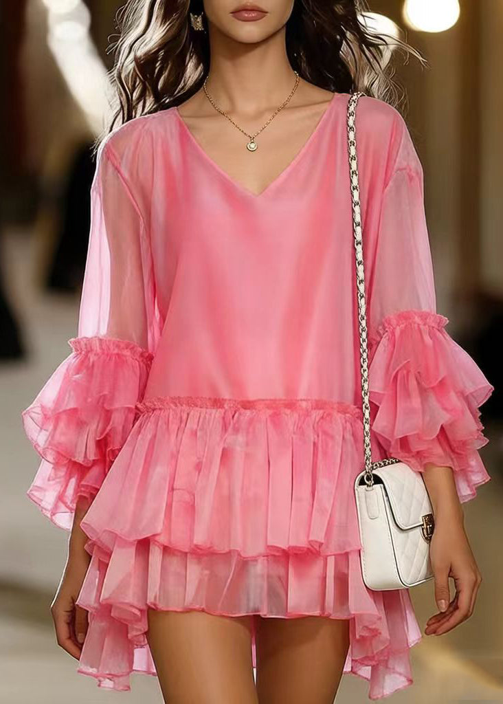 Chiffon V-Neck Tiered Ruffle Sleeve High Low Ruffle Mini Dress