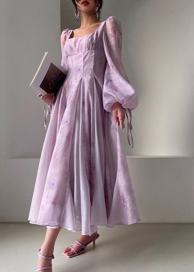 Floral Print Square Neck Puff Sleeve Ribbon Tie Cuff Maxi Dress - View 2