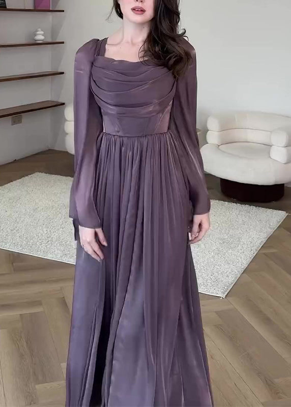 Satin Square Neck Draped Bust Corset Waist Pleated Maxi Gown
