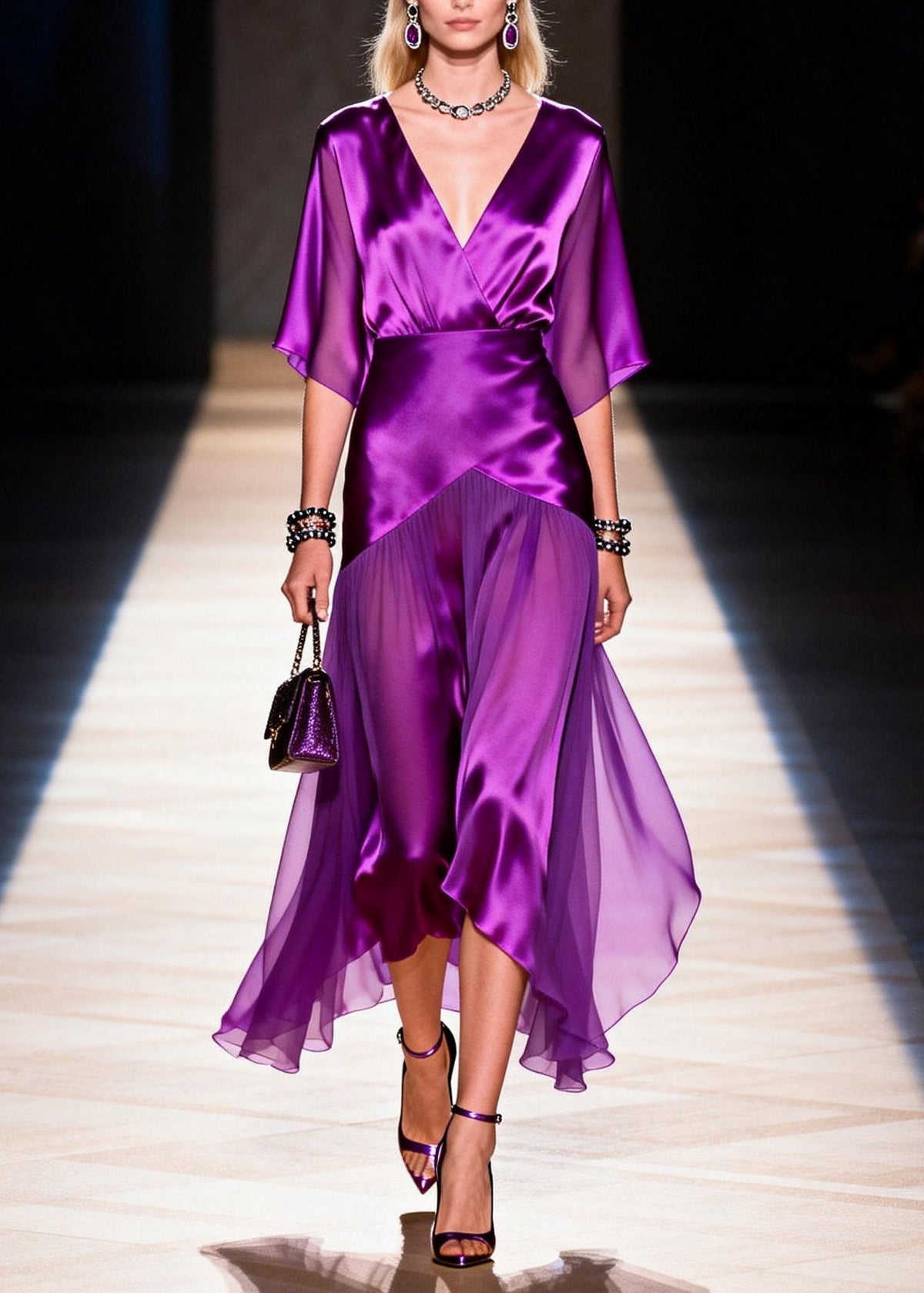 Satin Wrap Deep V-Neck Flutter Sleeve Handkerchief Hem Midi Dress