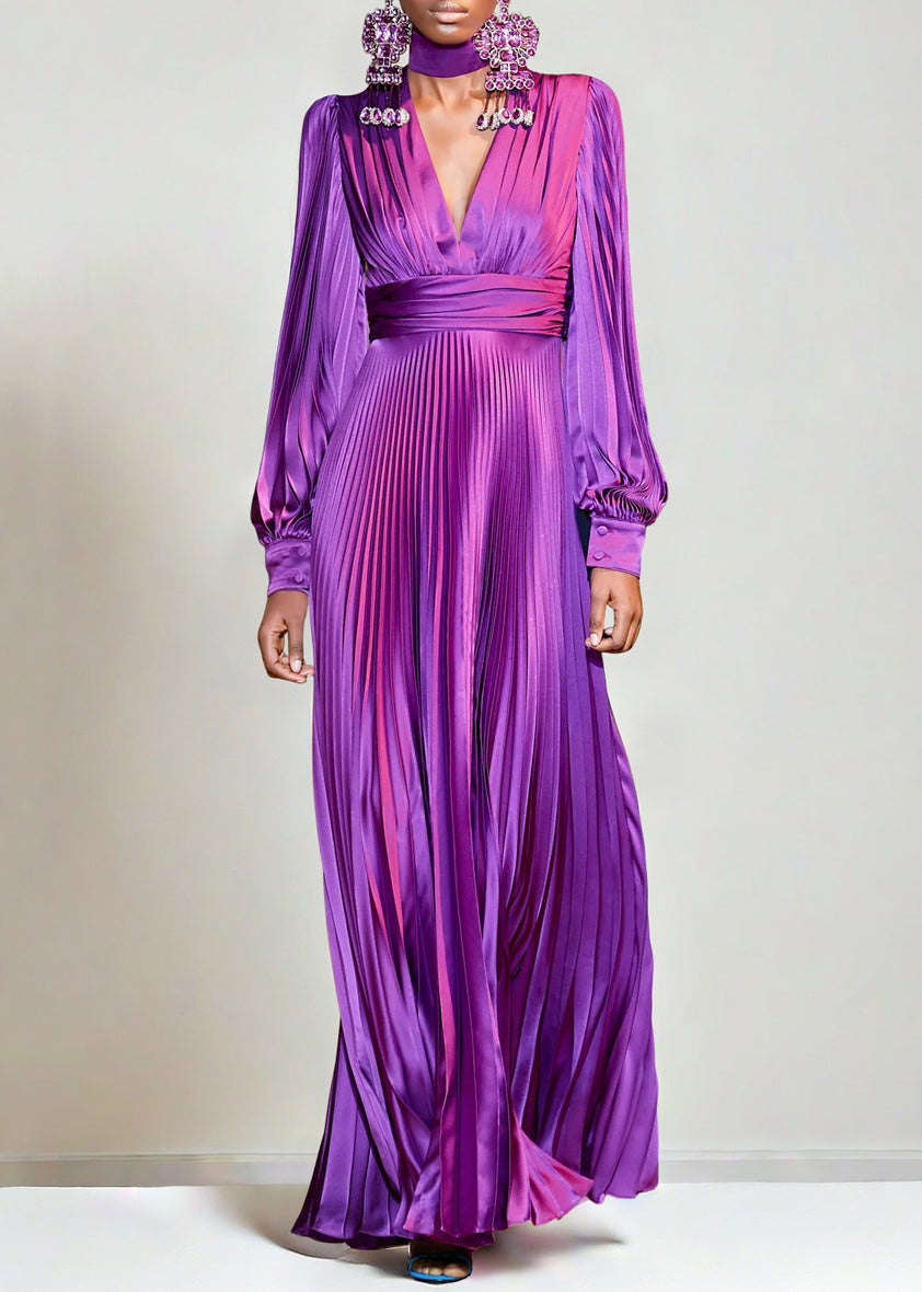 Pleated Satin Deep V-Neck Long Sleeve Wide Waistband Maxi Gown