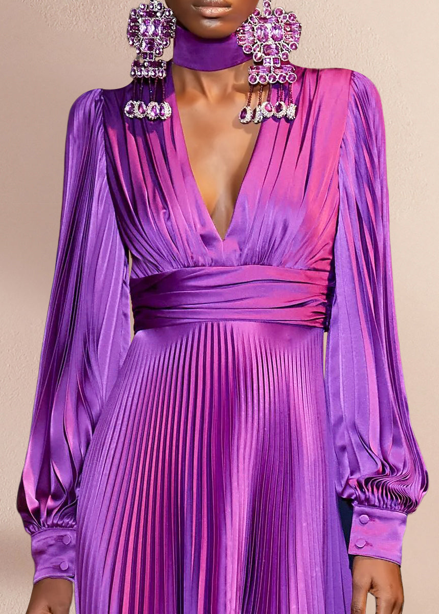 Pleated Satin Deep V-Neck Long Sleeve Wide Waistband Maxi Gown - View 2
