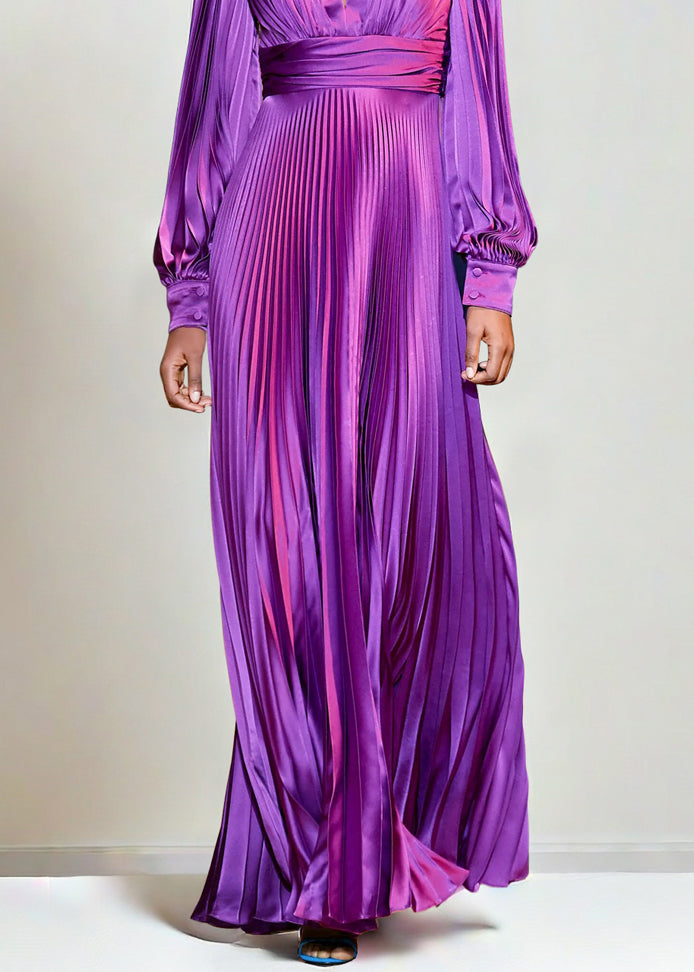 Pleated Satin Deep V-Neck Long Sleeve Wide Waistband Maxi Gown - View 3