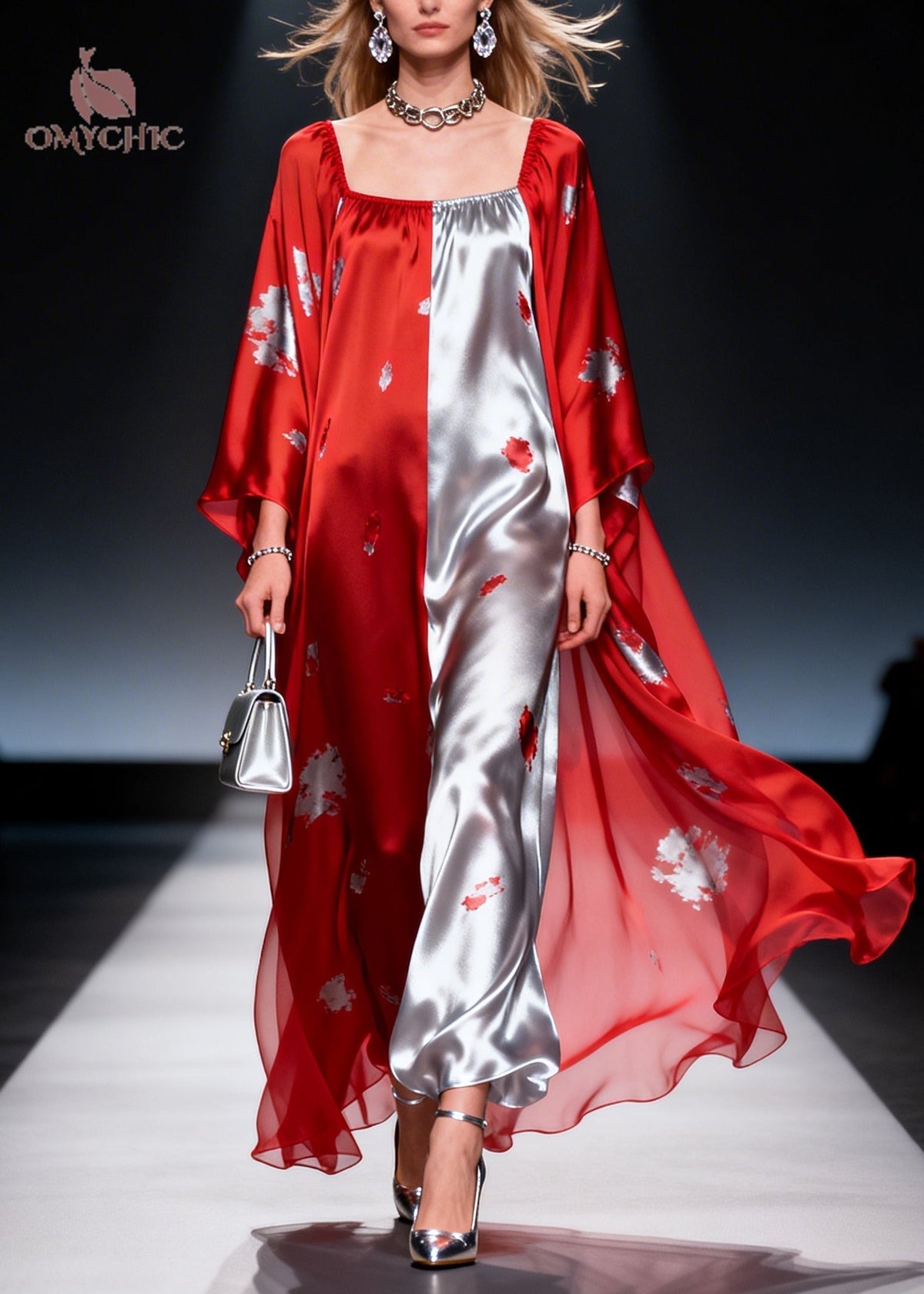 French Red Asymmetrical Patchwork Print Chiffon Maxi Dress Summer