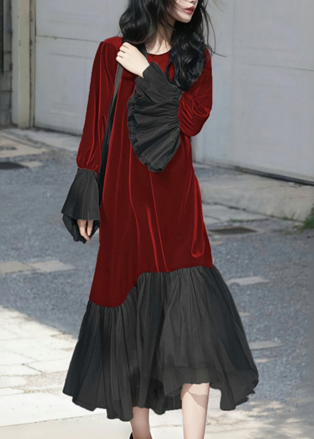 Velvet Round Neck Long Sleeve Chiffon Ruffle Cuff Hem Midi Dress