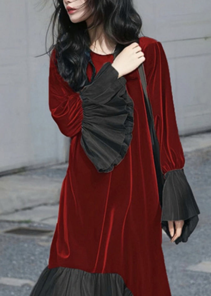 Velvet Round Neck Long Sleeve Chiffon Ruffle Cuff Hem Midi Dress - View 2