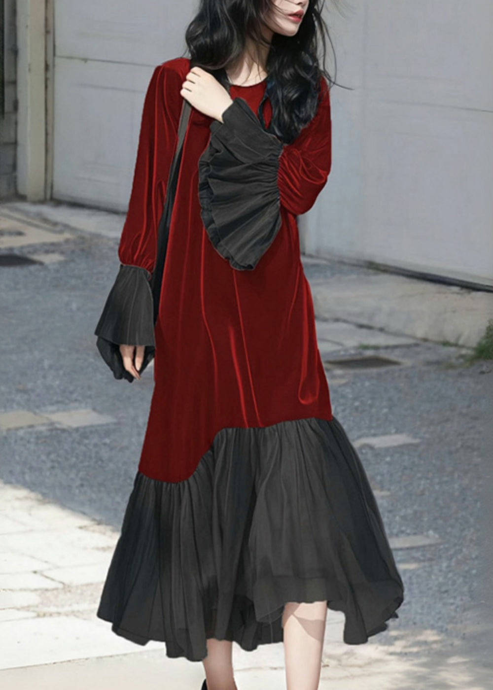 Velvet Round Neck Long Sleeve Chiffon Ruffle Cuff Hem Midi Dress - View 5