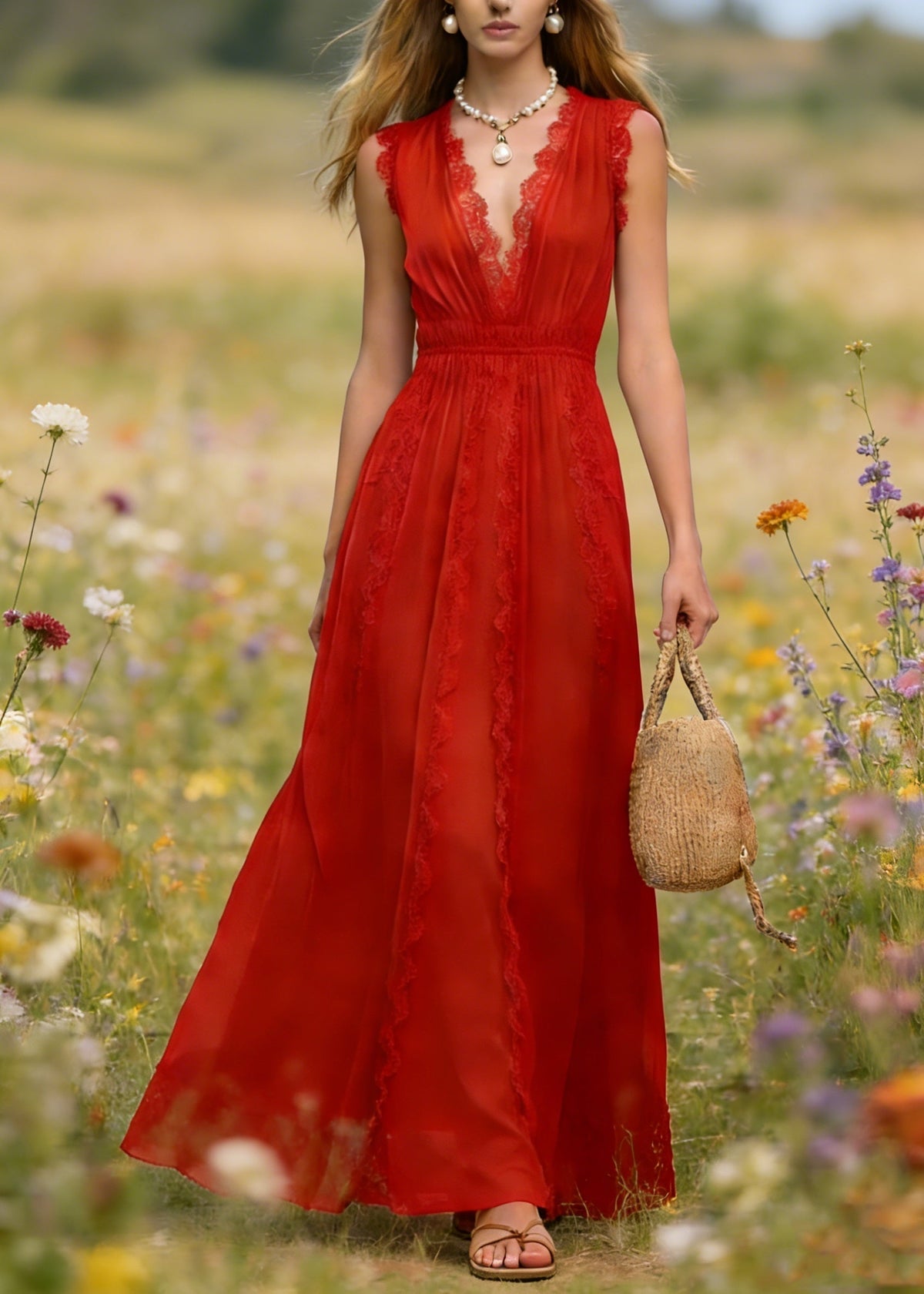 French Red V Neck Lace Patchwork Cotton Maxi Dress Summer