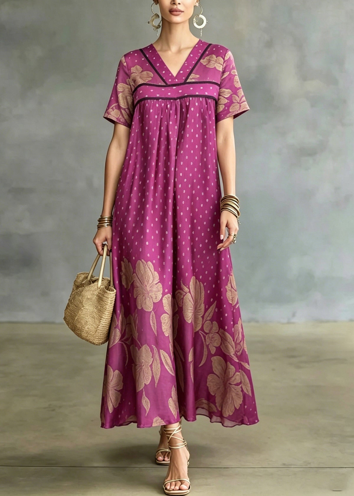 Polka Dot and Floral Print Empire Waist Short Sleeve Maxi Dress