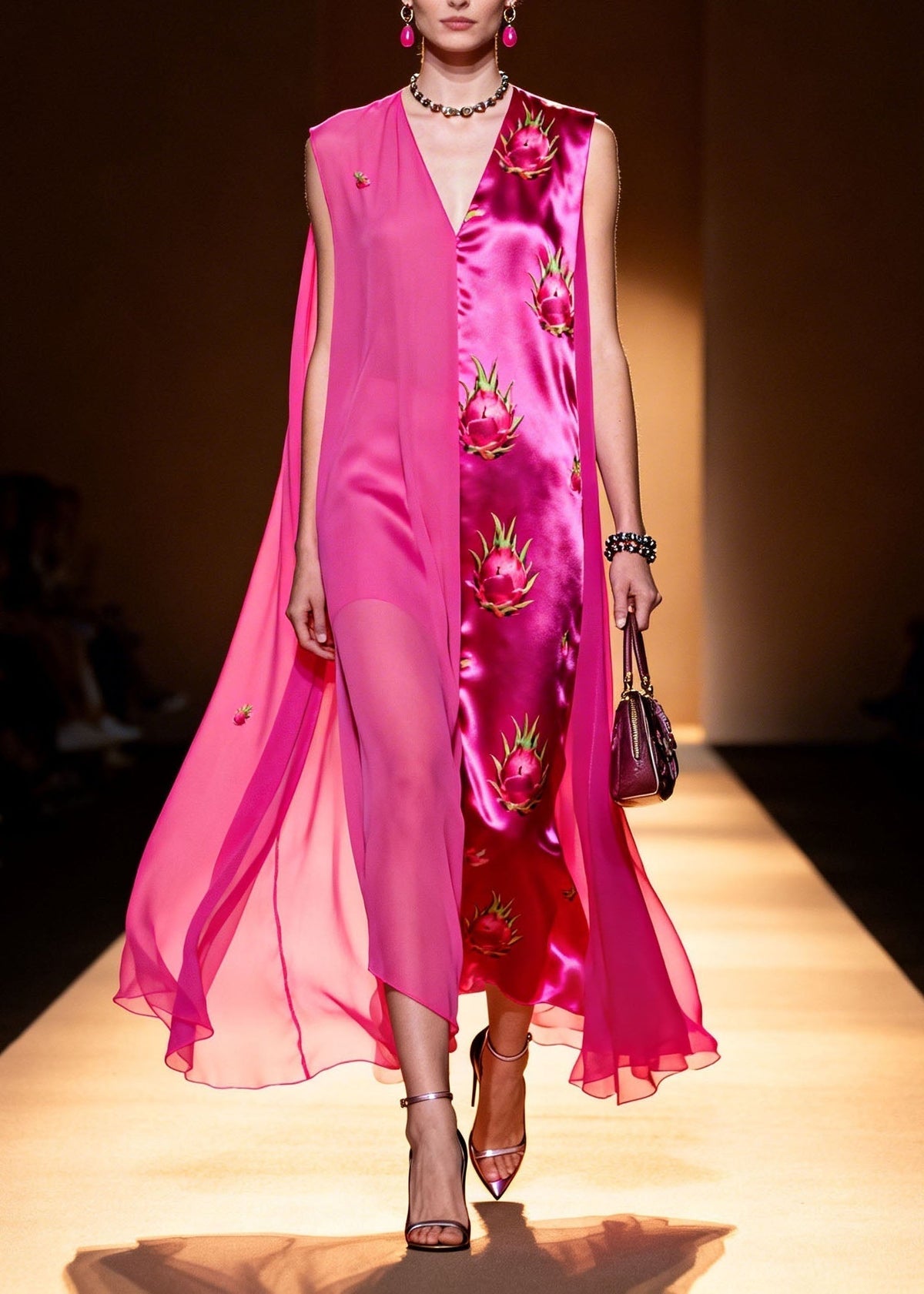 Satin Sleeveless V-Neck Cape Panel Dragon Fruit Print Maxi Gown - View 3