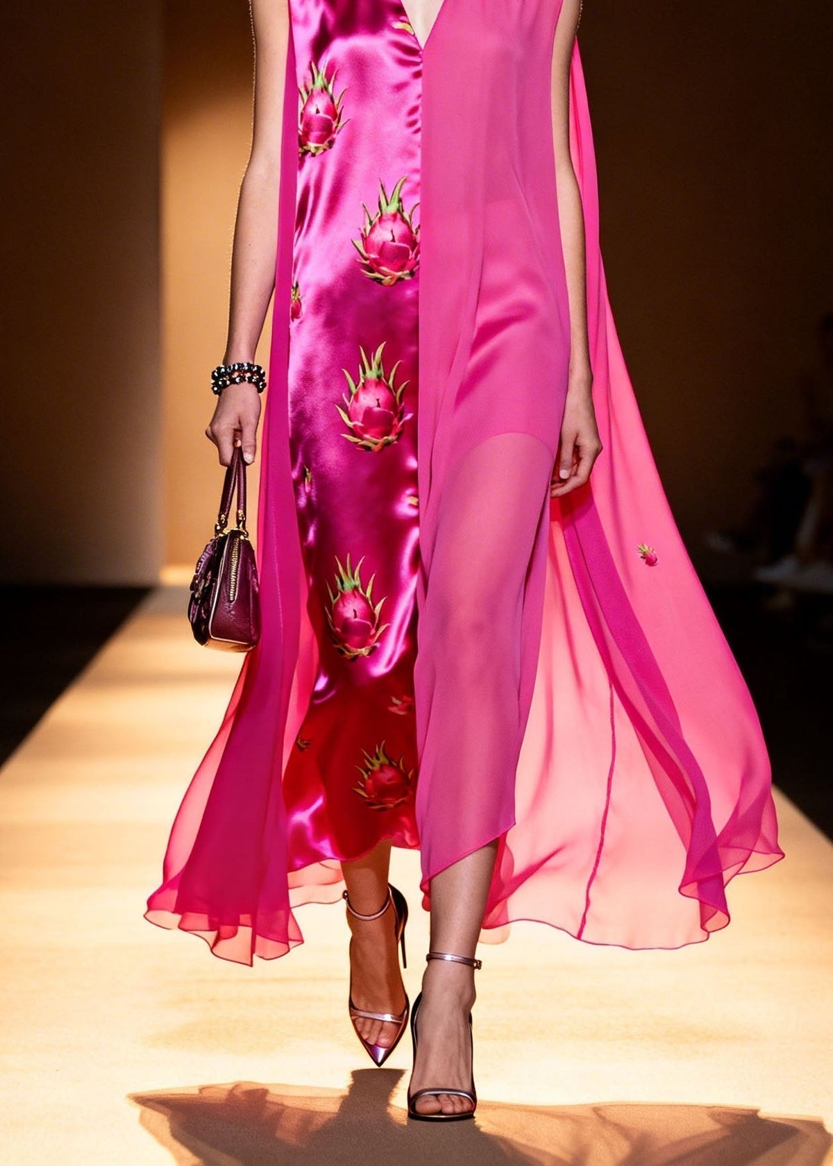 Satin Sleeveless V-Neck Cape Panel Dragon Fruit Print Maxi Gown - View 4