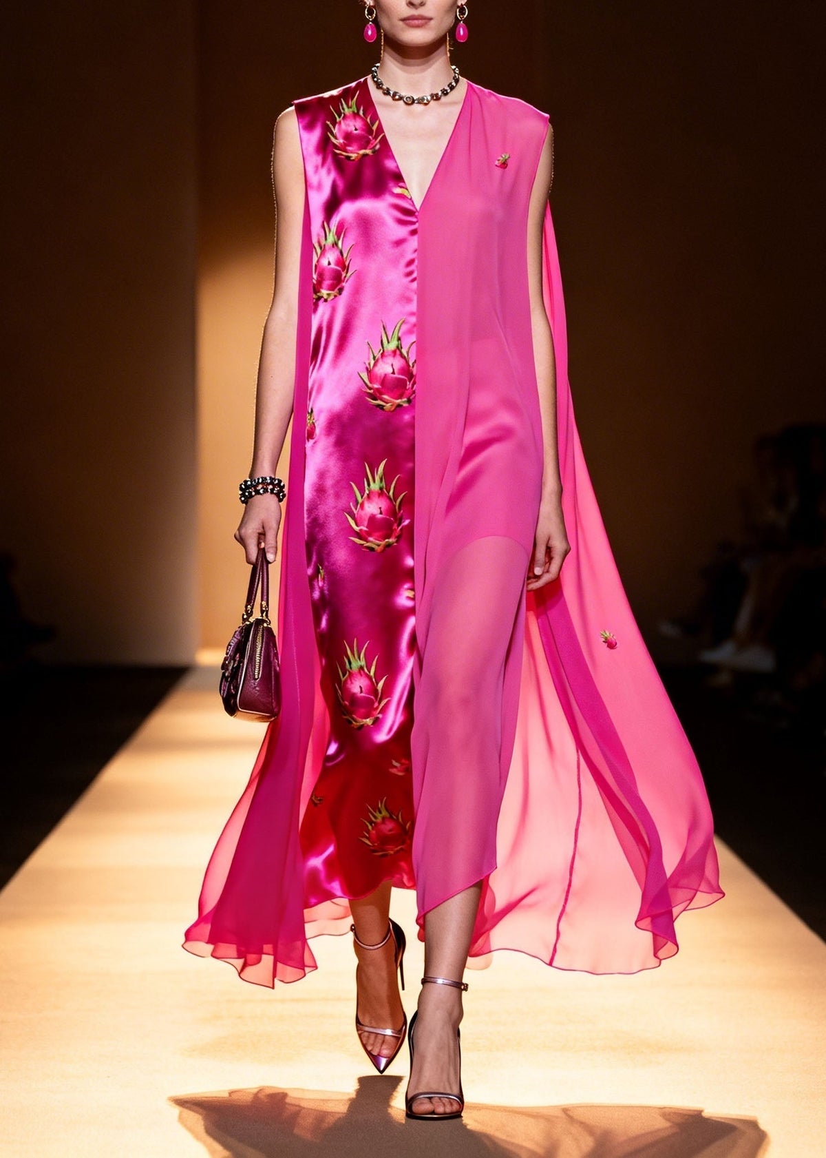 Satin Sleeveless V-Neck Cape Panel Dragon Fruit Print Maxi Gown - View 5