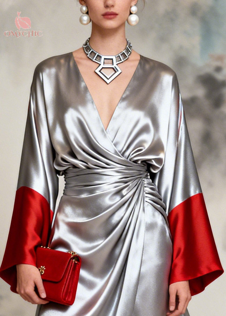 Satin Deep V-Neck Bell Sleeve Wrap Draped High Split Maxi Gown - View 2