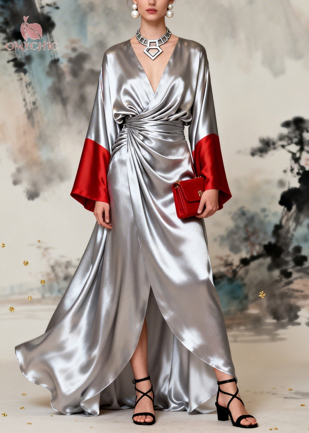 Satin Deep V-Neck Bell Sleeve Wrap Draped High Split Maxi Gown - View 3
