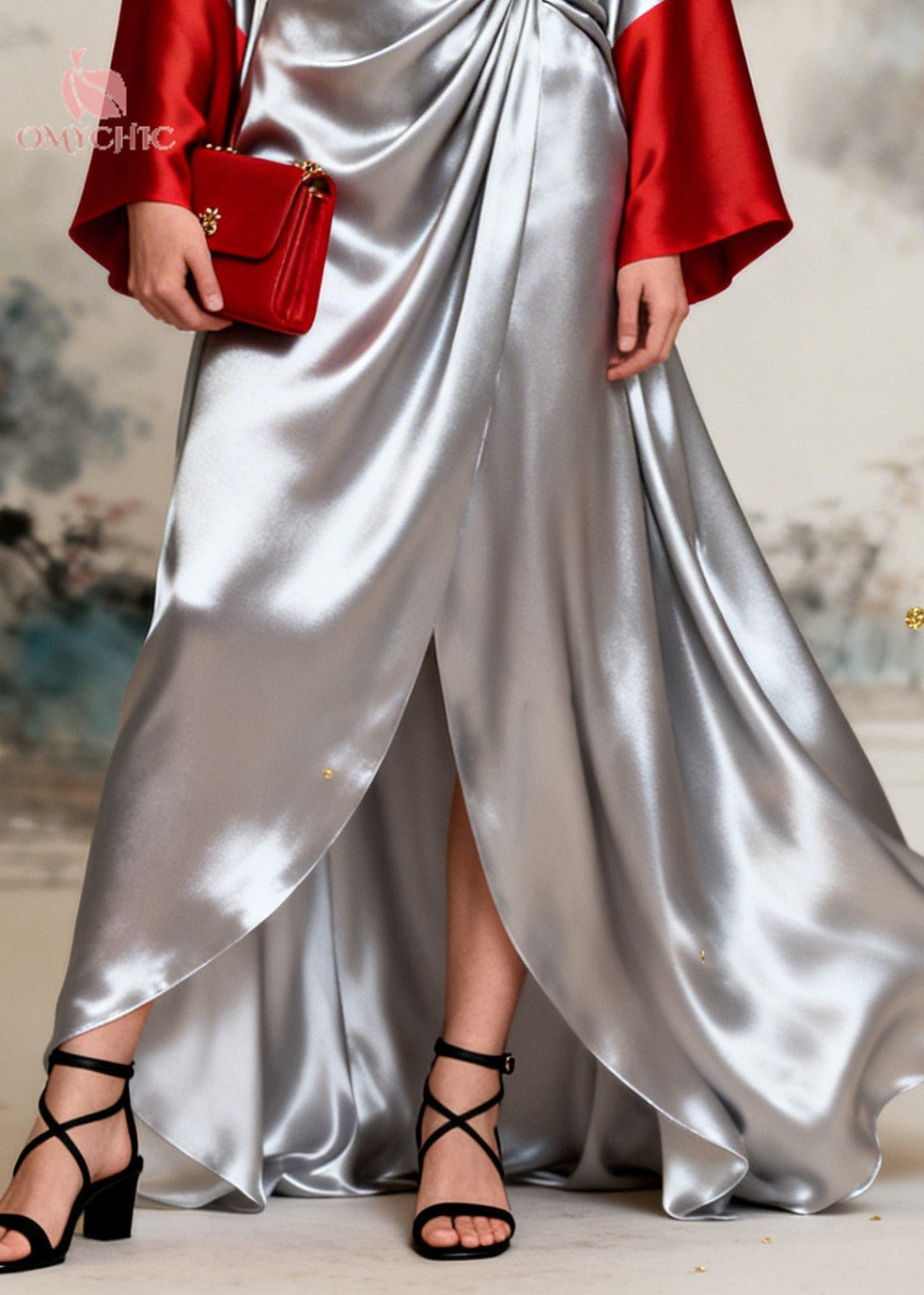 Satin Deep V-Neck Bell Sleeve Wrap Draped High Split Maxi Gown - View 4