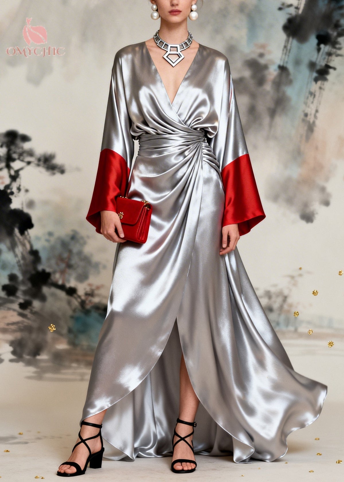 Satin Deep V-Neck Bell Sleeve Wrap Draped High Split Maxi Gown - View 5