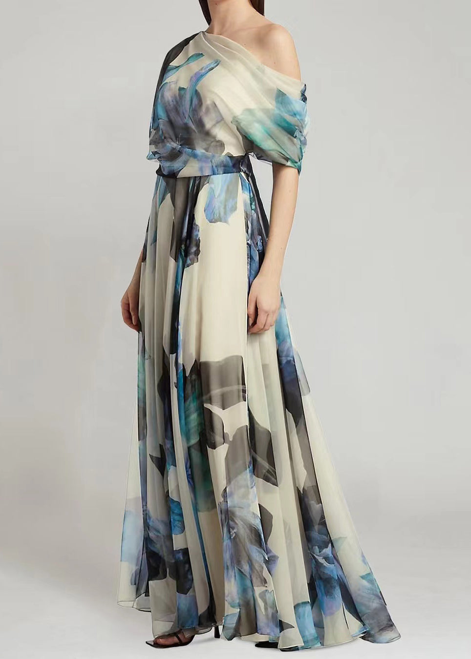 Chiffon One Shoulder Puff Sleeve Belted Floral Print Maxi Gown - View 2