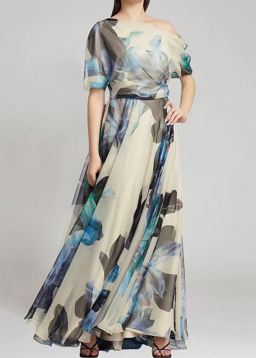Chiffon One Shoulder Puff Sleeve Belted Floral Print Maxi Gown - View 3