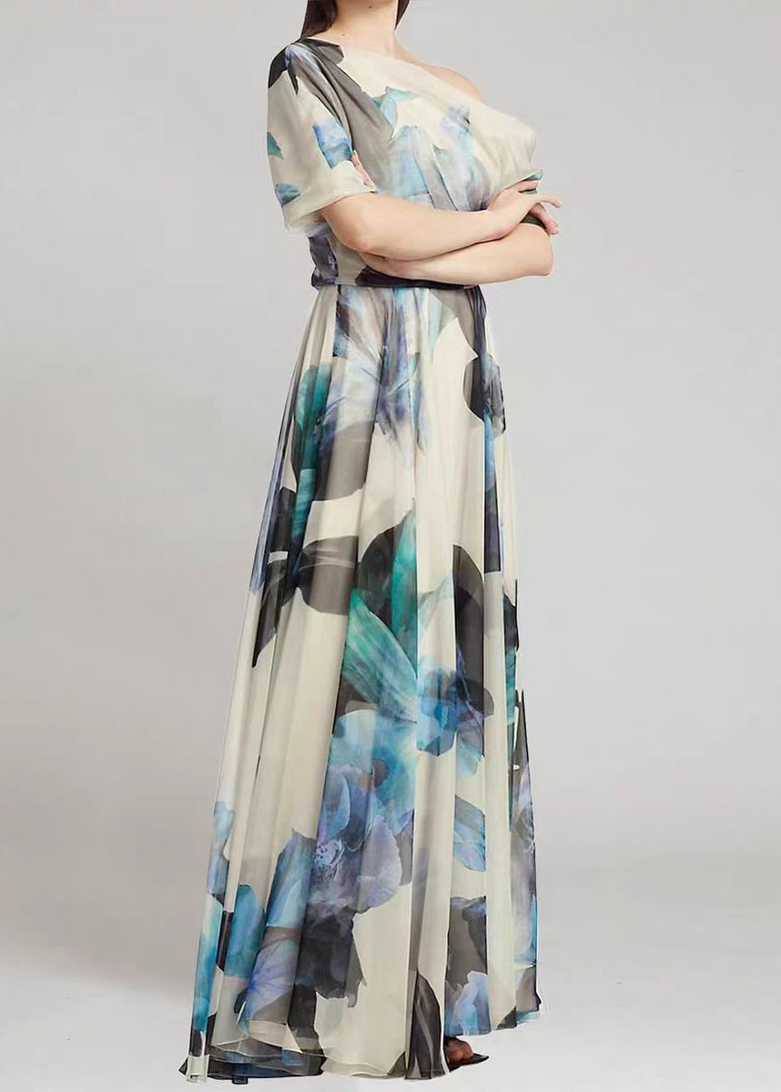 Chiffon One Shoulder Puff Sleeve Belted Floral Print Maxi Gown - View 4