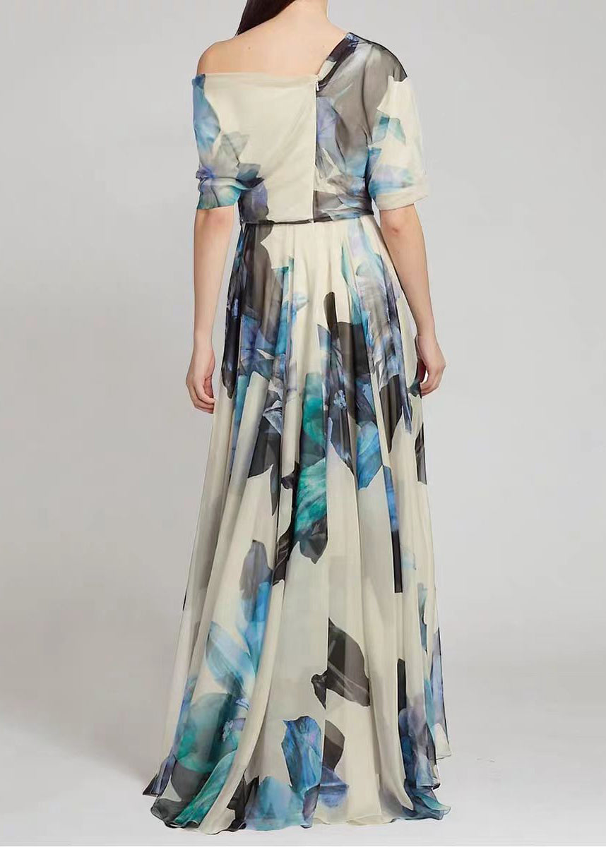 Chiffon One Shoulder Puff Sleeve Belted Floral Print Maxi Gown - View 5