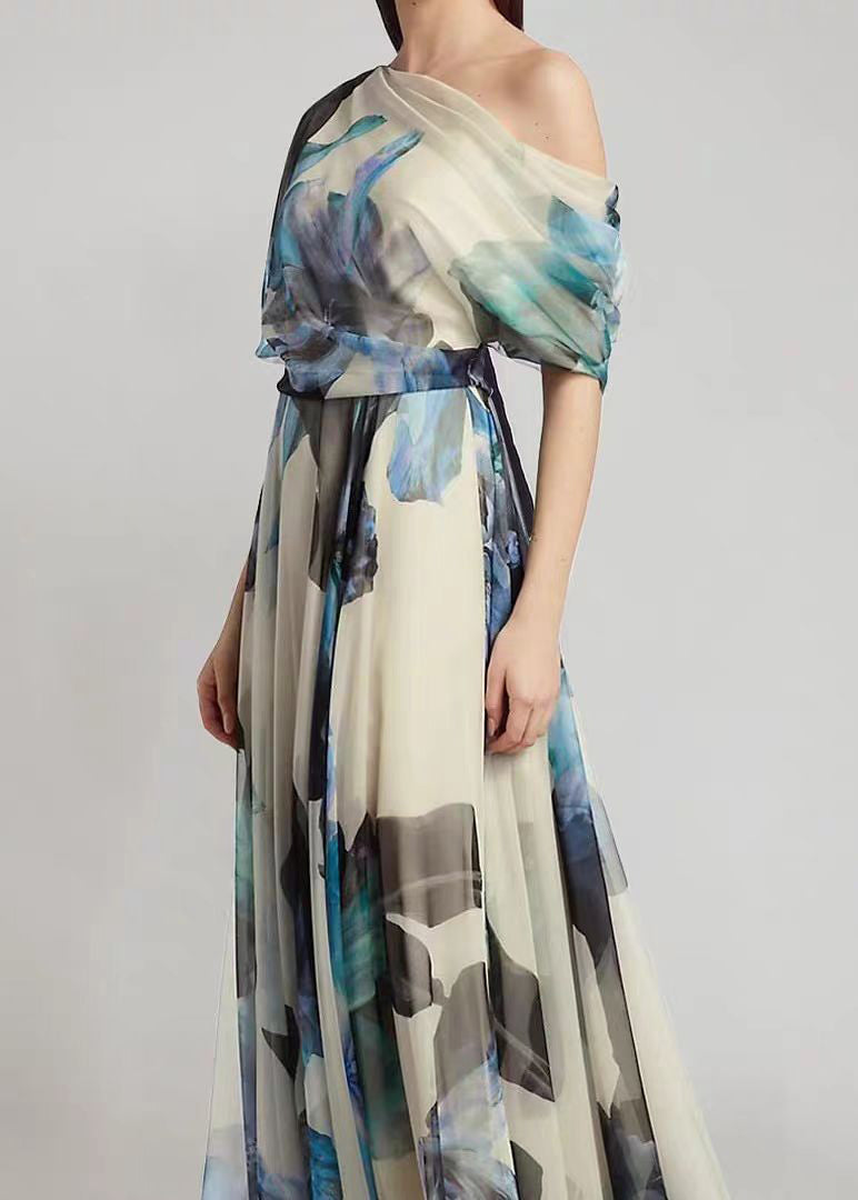 Chiffon One Shoulder Puff Sleeve Belted Floral Print Maxi Gown - View 6