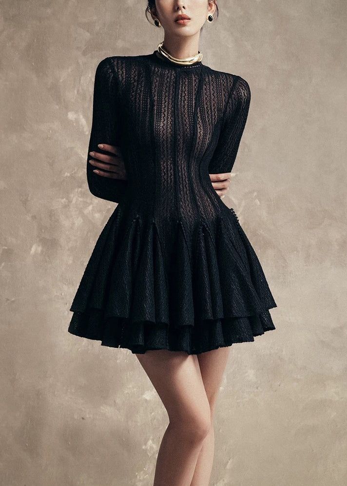 Sheer Open Knit Mock Neck Long Sleeve Tiered Knit Ruffle Mini Dress
