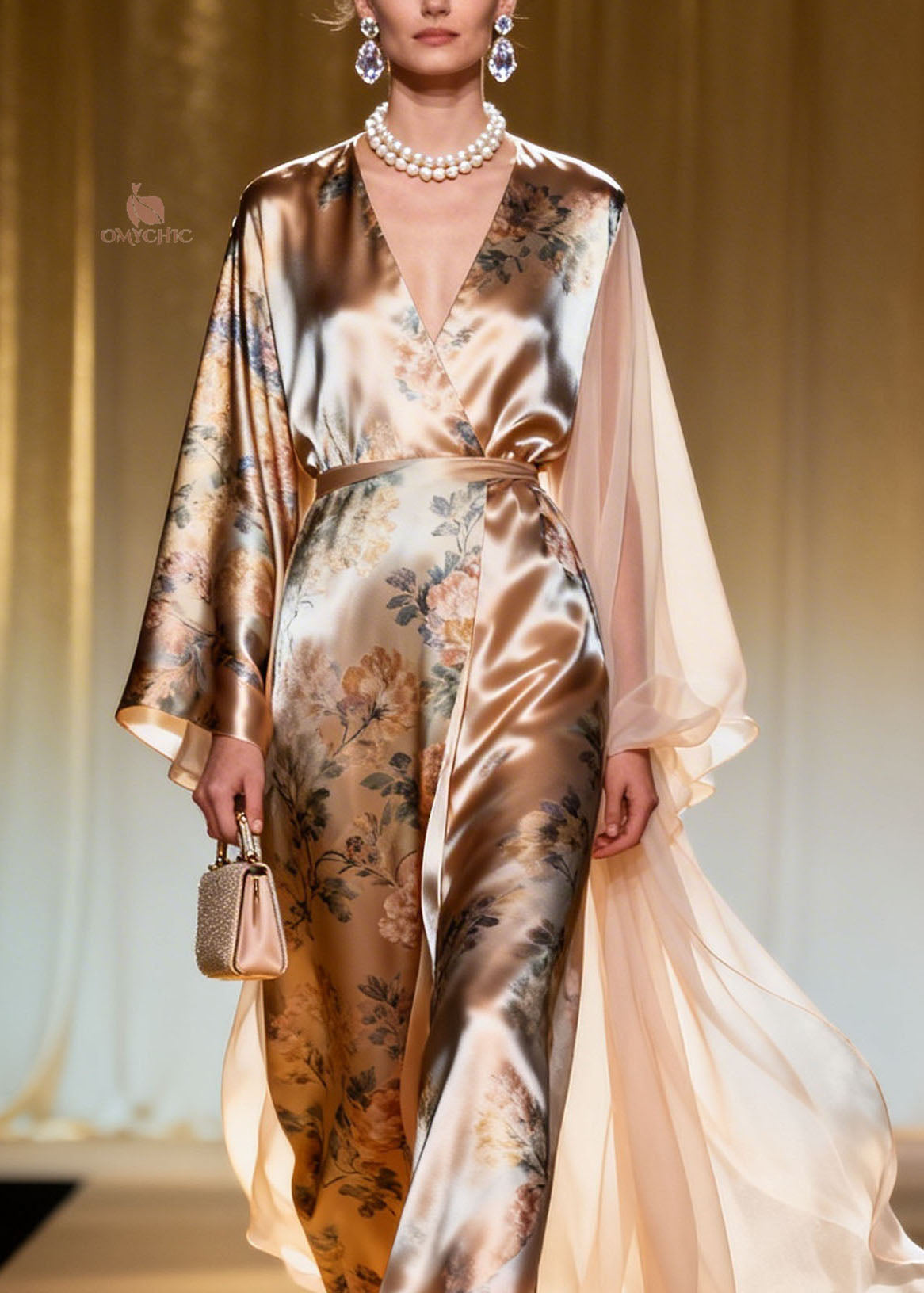 Floral Print Wrap V-Neck Sleeve Sheer Train Cape Maxi Gown - View 2