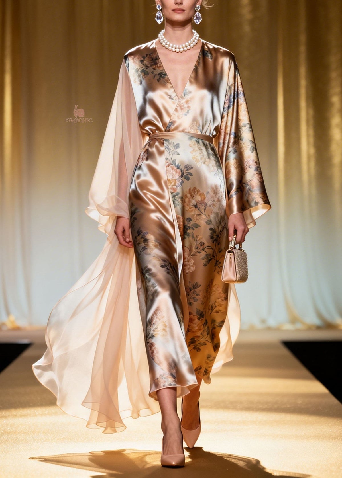 Floral Print Wrap V-Neck Sleeve Sheer Train Cape Maxi Gown - View 3