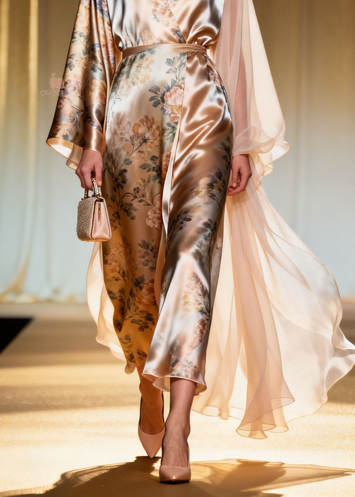 Floral Print Wrap V-Neck Sleeve Sheer Train Cape Maxi Gown - View 4