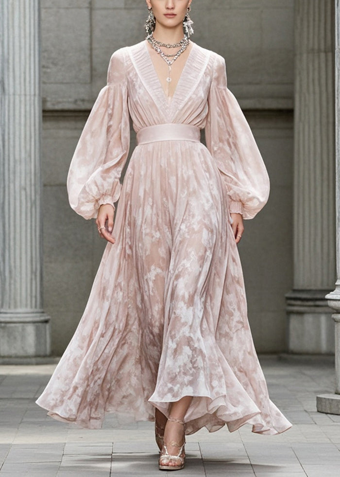Marbled Print Deep V-Neck Pleated Trim Bishop Sleeve Maxi Gown