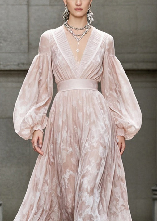 Marbled Print Deep V-Neck Pleated Trim Bishop Sleeve Maxi Gown - View 2