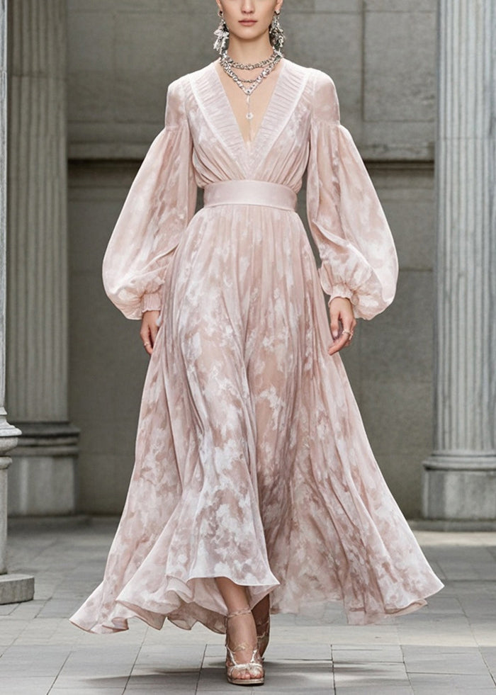 Marbled Print Deep V-Neck Pleated Trim Bishop Sleeve Maxi Gown - View 3