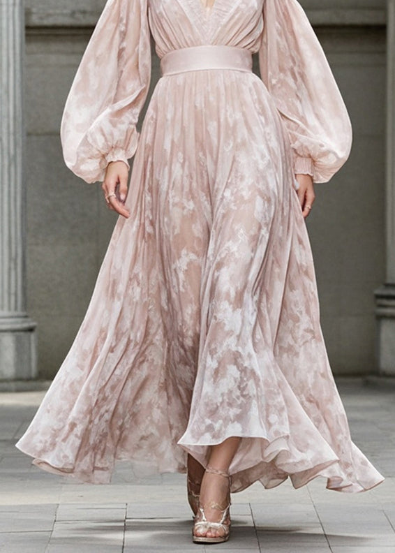 Marbled Print Deep V-Neck Pleated Trim Bishop Sleeve Maxi Gown - View 4