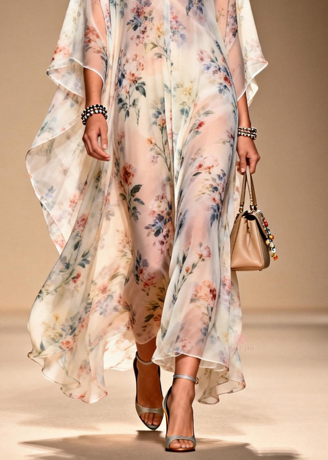All Over Floral Print Deep V-Neck Cape Sleeve Sheer Maxi Gown - View 4