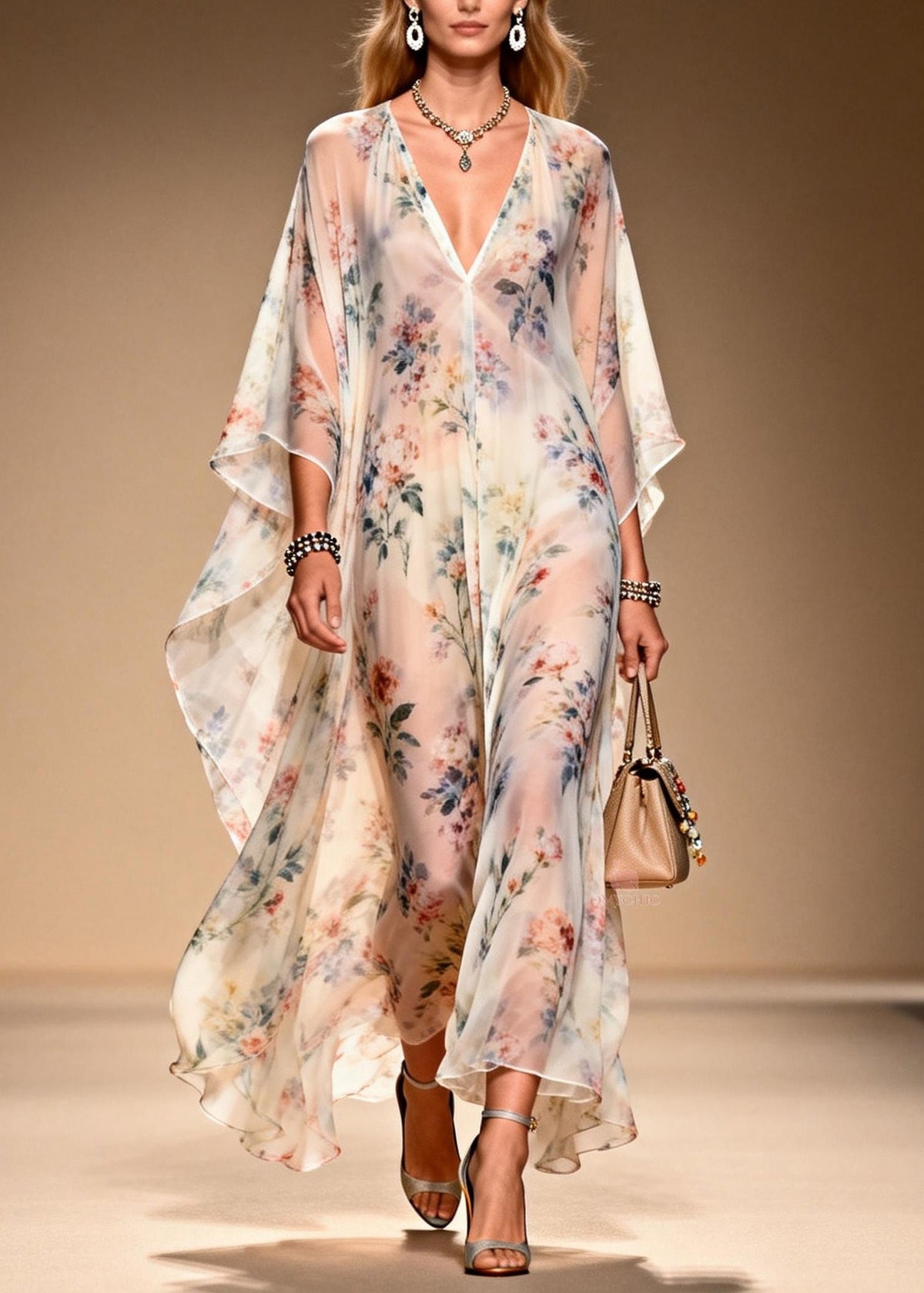 All Over Floral Print Deep V-Neck Cape Sleeve Sheer Maxi Gown - View 5