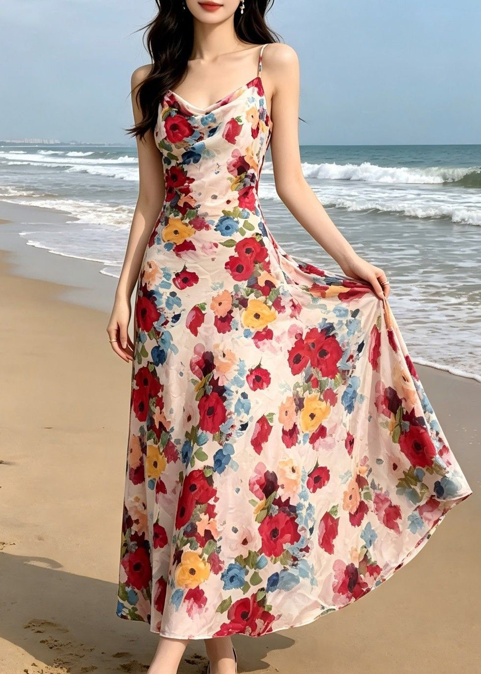 Satin Floral Print Cowl Neck Spaghetti Strap Slip Maxi Dress - View 2