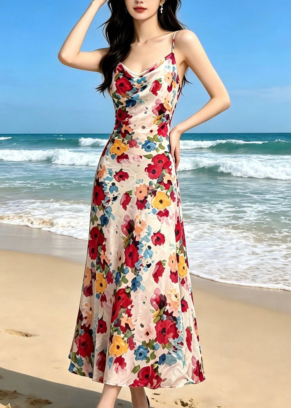 Satin Floral Print Cowl Neck Spaghetti Strap Slip Maxi Dress - View 4